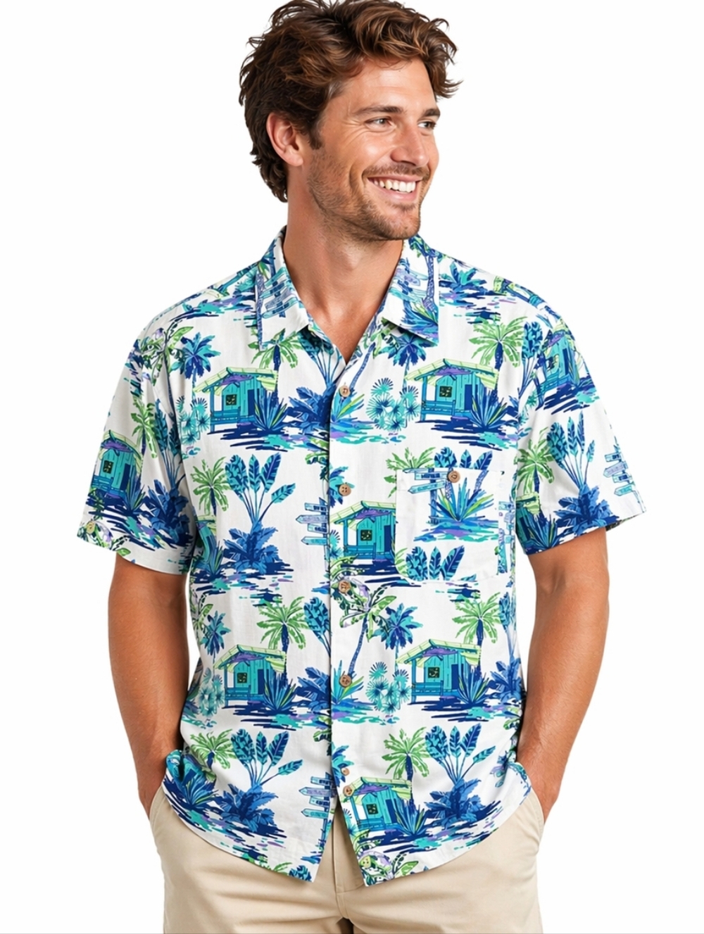 Joe Marlin Men’s XL Hawaiian Camp Shirt Tropical Beach Hut Print Button Front